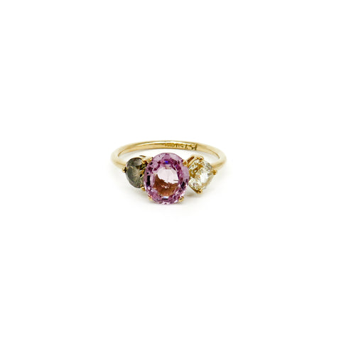 Yellow gold ring with pink, yellow and green stones